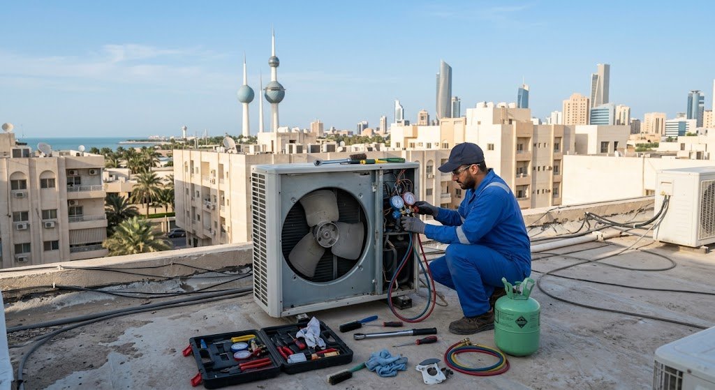 فني صيانة محترف وأدوات متطورة لتنفيذ مهام أخصائي تصليح مكيفات بالكويت لجميع الماركات العالمية