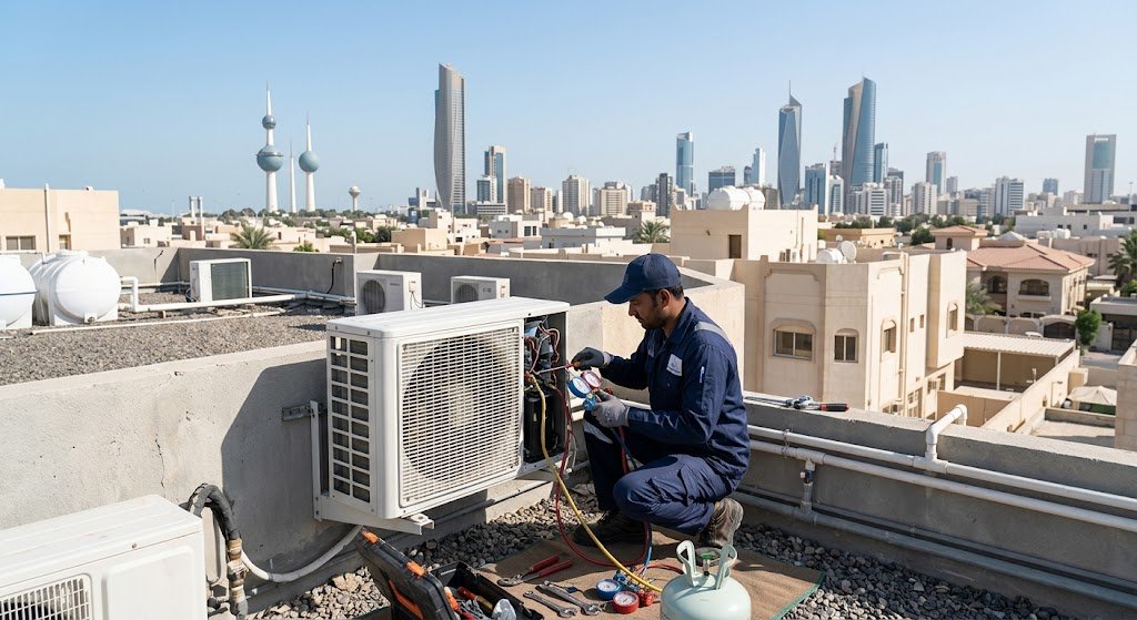 فني صيانة محترف وأدوات متطورة لتنفيذ مهام تبديل قطع غيار مكيفات أصلية مع فني تكييف الكويت