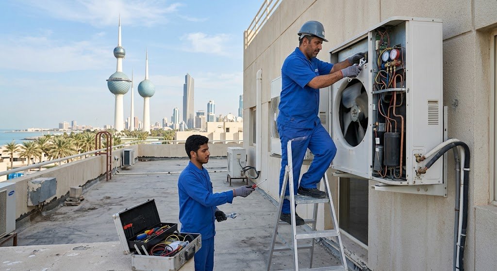 فني صيانة محترف وأدوات متطورة لتنفيذ مهام صيانة مكيفات باناسونيك سامسونج ال جي في الكويت