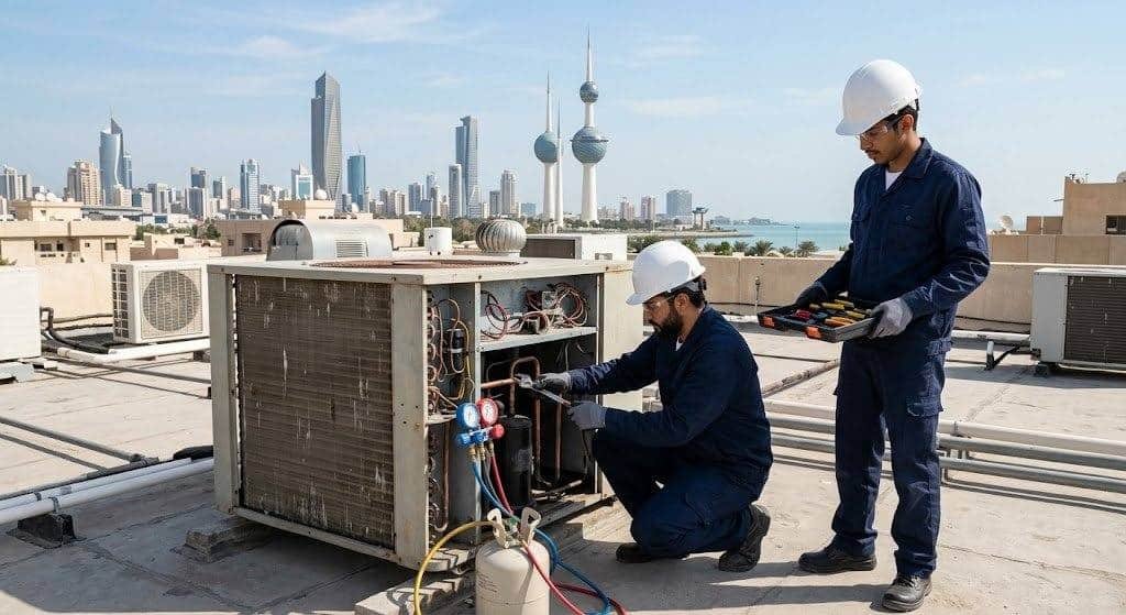 فني محترف يقوم بفحص وصيانة أجهزة التكييف بكفاءة عالية ضمن خدمات فني تكييف العمرية بالكويت لضمان التبريد المثالي والعمل المستمر.