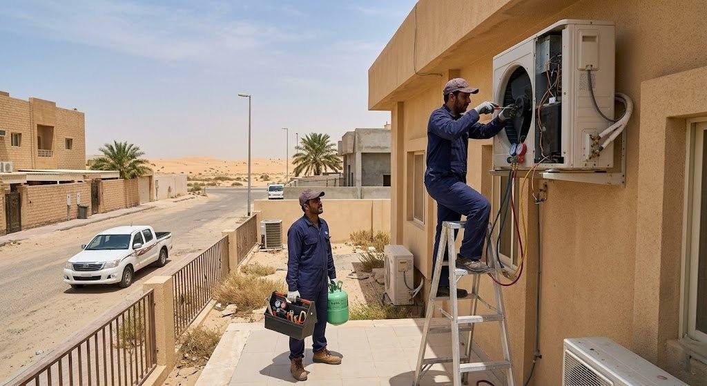 فني محترف يقوم بفحص وصيانة أجهزة التكييف بكفاءة عالية ضمن خدمات فني تكييف الفروانية بالكويت لضمان التبريد المثالي والعمل المستمر.
