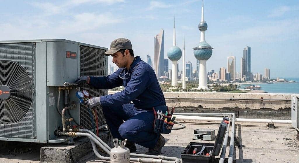 فني تكييف محترف يقوم بصيانة وإصلاح المكيفات بعناية ضمن خدمات فني تكييف المسايل بالكويت لضمان تبريد مثالي وكفاءة تشغيل عالية.