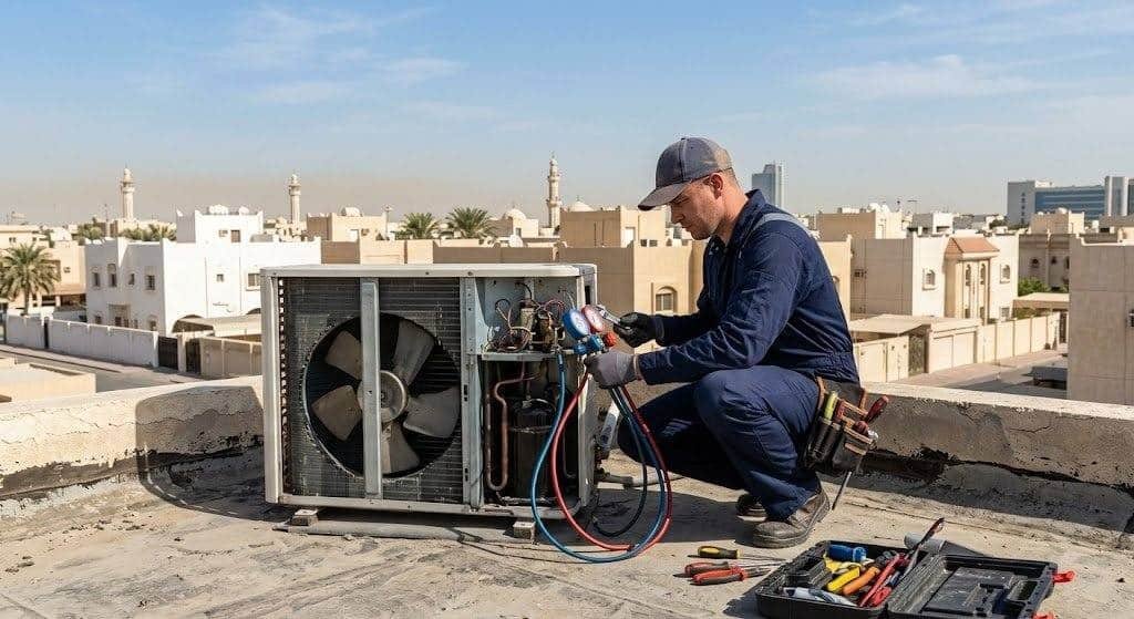 فني محترف يقوم بفحص وصيانة أجهزة التكييف بكفاءة عالية ضمن خدمات فني تكييف الوفرة بالكويت لضمان التبريد المثالي والعمل المستمر.