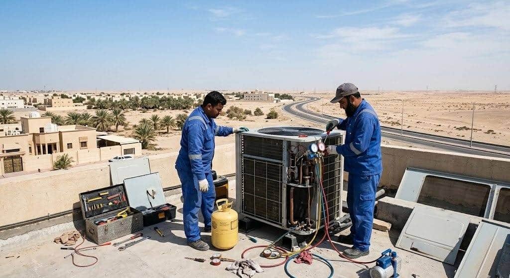 فني تكييف محترف يقوم بصيانة وإصلاح المكيفات بعناية ضمن خدمات فني تكييف الزهراء بالكويت لضمان تبريد مثالي وكفاءة تشغيل عالية.