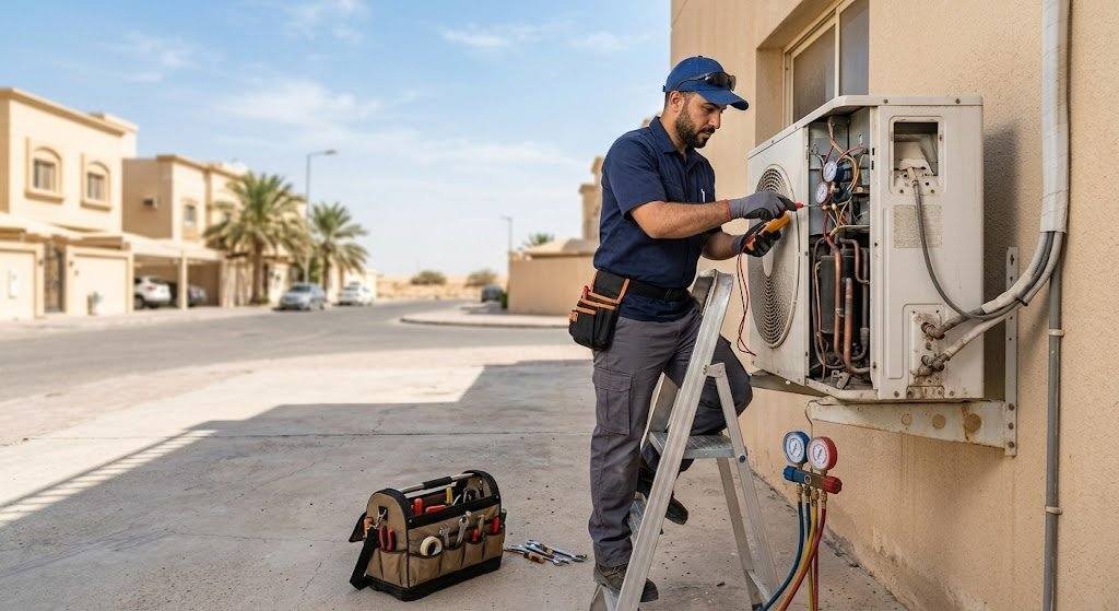 فني تكييف محترف يقوم بصيانة وإصلاح المكيفات بعناية ضمن خدمات فني تكييف الصديق بالكويت لضمان تبريد مثالي وكفاءة تشغيل عالية.