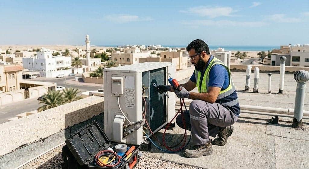 فني محترف يقوم بصيانة وتصليح المكيفات بكفاءة ودقة عالية ضمن خدمات فني تكييف أنجفة بالكويت لضمان تبريد مثالي وراحة العملاء.