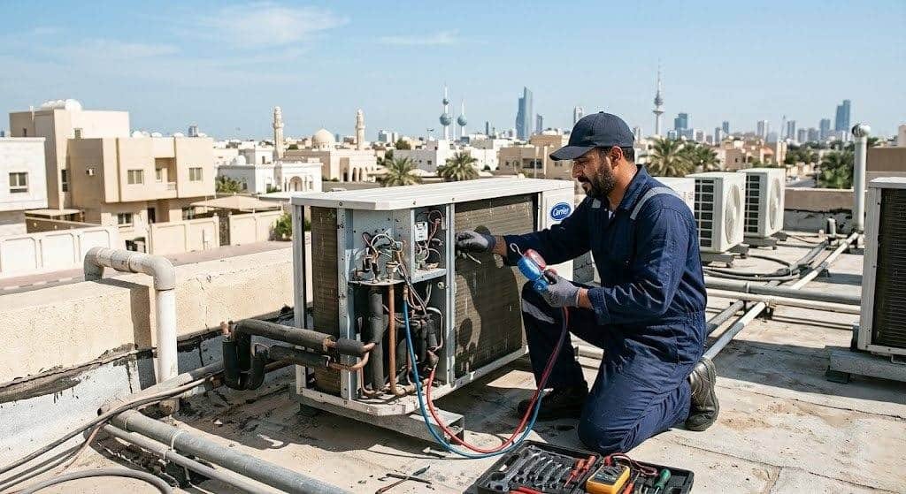 فني تكييف محترف يقوم بصيانة وإصلاح المكيفات بعناية ضمن خدمات فني تكييف مشرف بالكويت لضمان تبريد مثالي وكفاءة تشغيل عالية.