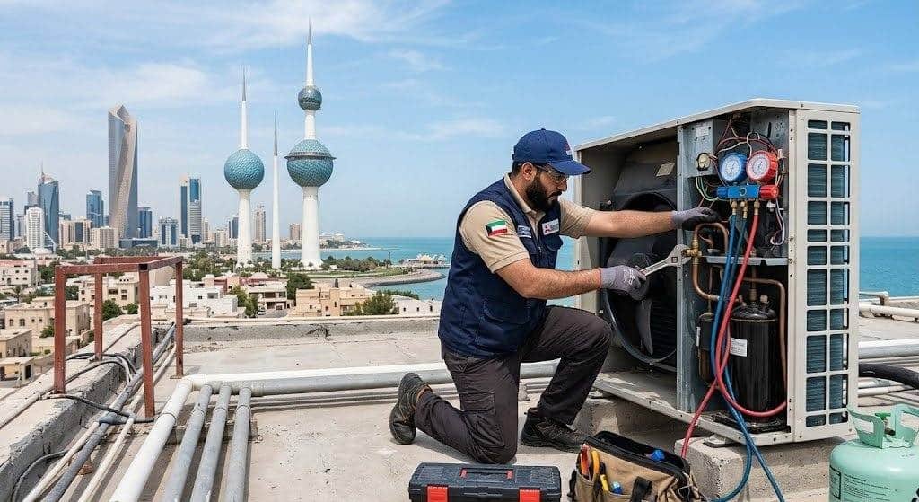 فني تكييف محترف يقوم بصيانة وإصلاح المكيفات بعناية ضمن خدمات فني تكييف البدع بالكويت لضمان تبريد مثالي وكفاءة تشغيل عالية.