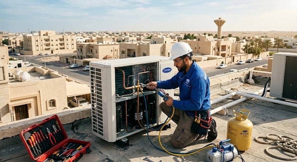 فني تكييف محترف يقوم بصيانة وإصلاح المكيفات بعناية ضمن خدمات فني تكييف جليب الشيوخ بالكويت لضمان تبريد مثالي وكفاءة تشغيل عالية.
