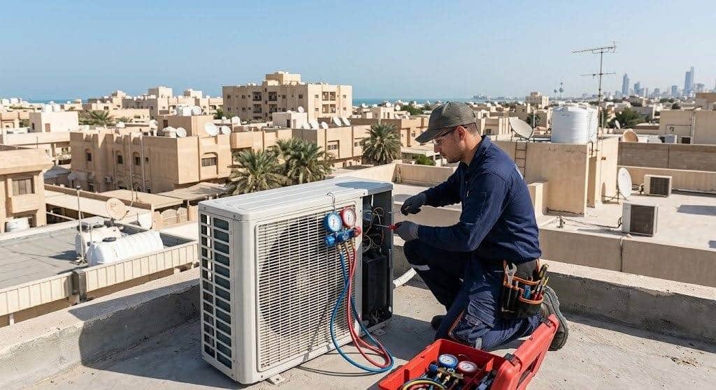 فني تكييف محترف يقوم بصيانة وإصلاح المكيفات بعناية ضمن خدمات فني تكييف الدسمة بالكويت لضمان تبريد مثالي وكفاءة تشغيل عالية.