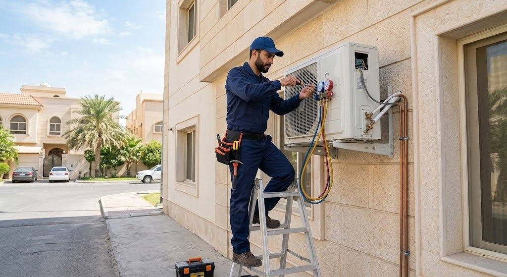 فني تكييف محترف يقوم بصيانة وإصلاح المكيفات بعناية ضمن خدمات فني تكييف الرميثية بالكويت لضمان تبريد مثالي وكفاءة تشغيل عالية.