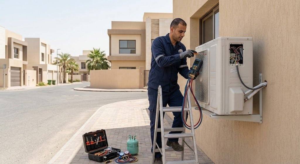 فني تكييف محترف يقوم بصيانة وإصلاح المكيفات بعناية ضمن خدمات فني تكييف الخالدية بالكويت لضمان تبريد مثالي وكفاءة تشغيل عالية.
