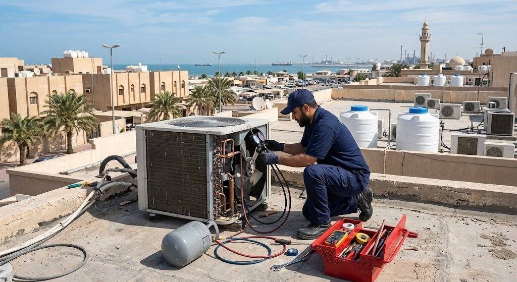 فني تكييف محترف يقوم بصيانة وإصلاح المكيفات بعناية ضمن خدمات فني تكييف الشهداء بالكويت لضمان تبريد مثالي وكفاءة تشغيل عالية.