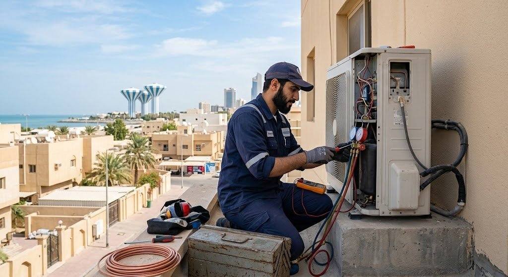 فني تكييف محترف يقوم بصيانة وتصليح المكيفات بجودة عالية وكفاءة ضمن خدمات فني تكييف دسمان بالكويت لضمان تبريد مثالي وراحة للعملاء.
