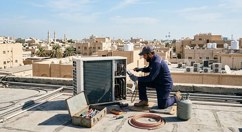 فني تكييف محترف يقوم بصيانة وتصليح المكيفات بجودة عالية وكفاءة ضمن خدمات فني تكييف خيطان بالكويت لضمان تبريد مثالي وراحة للعملاء.